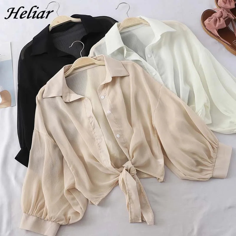 HELIAR Women’s Chiffon Shirt – Elegant Half-Sleeve Button-Up Blouse