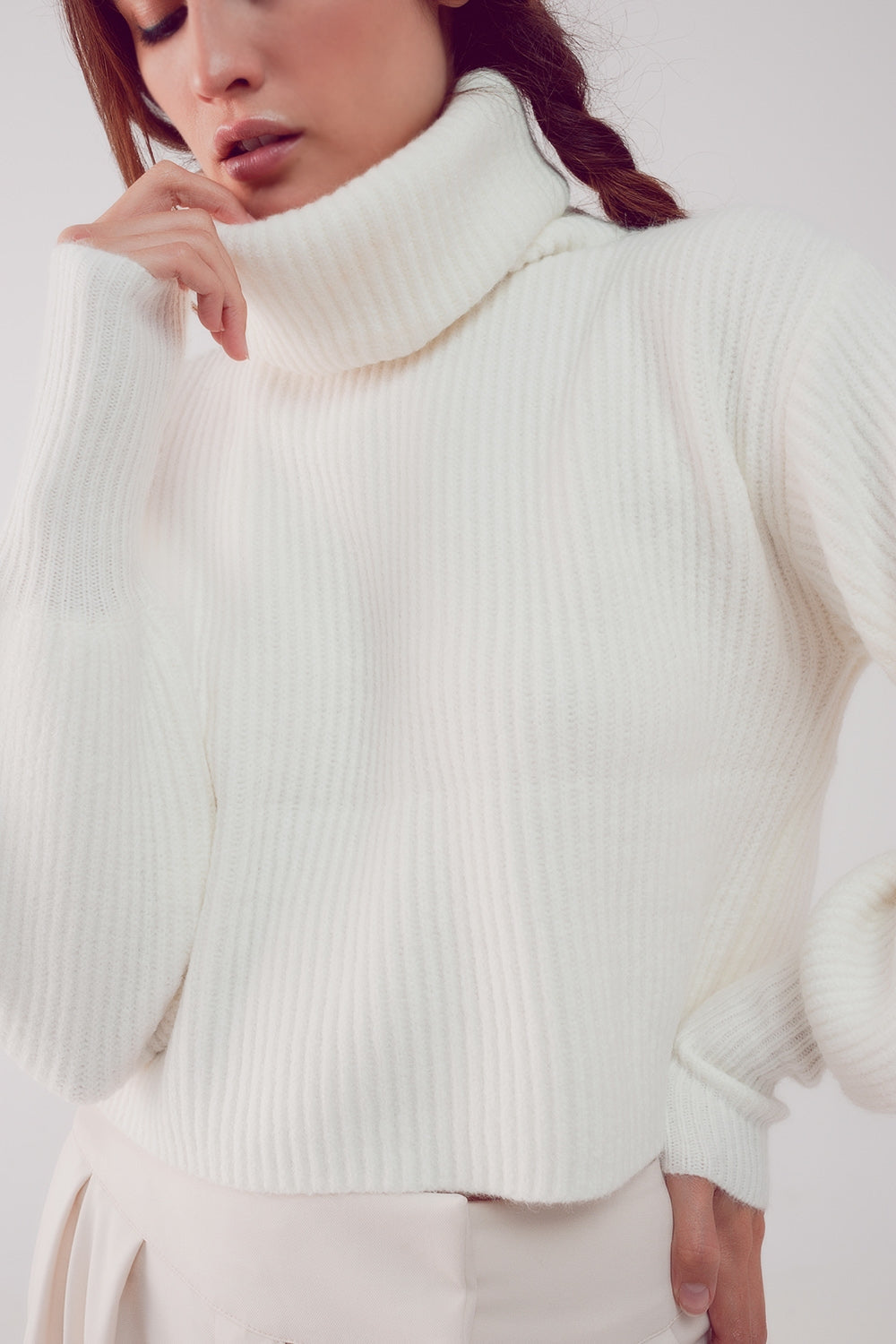 High Neck Jumper with Balloon Sleeves – Elegant Cream Knitwear